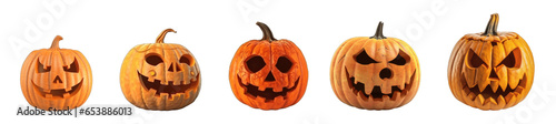 Carved halloween detailed scary pumpkins isolated on transparent background photo