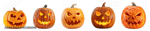 Carved halloween detailed scary pumpkins isolated on transparent background photo