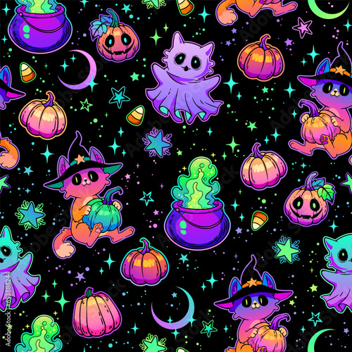 Seamless vector illustration. Cute cats and ghosts, Halloween theme