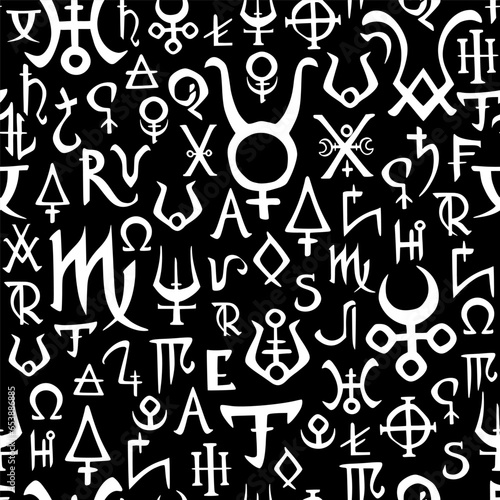 Seamless pattern of mystical alchemical signs