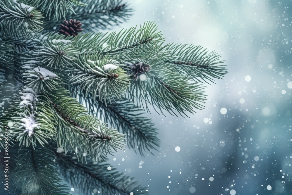 Christmas and New Year background with fir tree branches covered with snow. Generative Ai