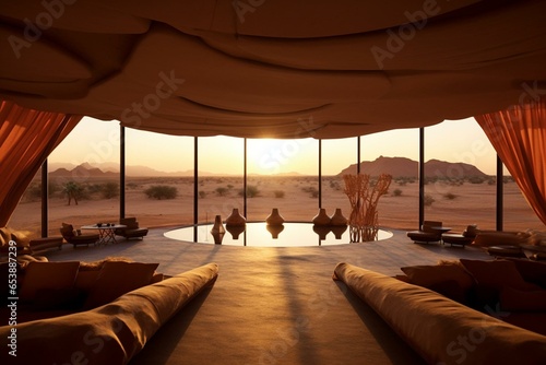 Luxurious modern organic hotel amidst desert. Generative AI