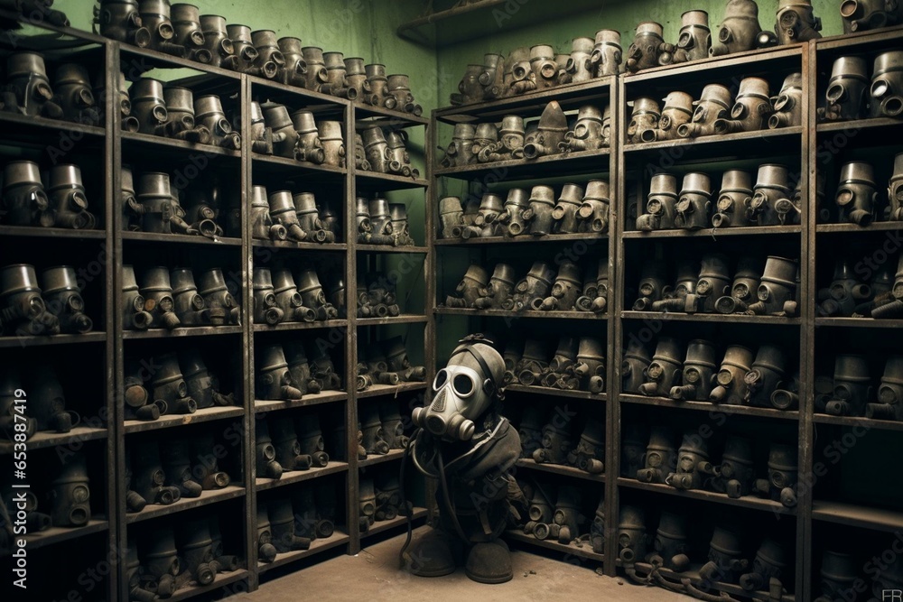 Gas masks arranged on shelves in a vast warehouse, potentially preparing for an upcoming battle. Generative AI
