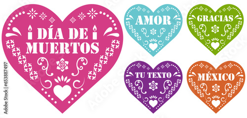 Papel picado en forma de corazón de colores para la celebración del día de muertos en México	
