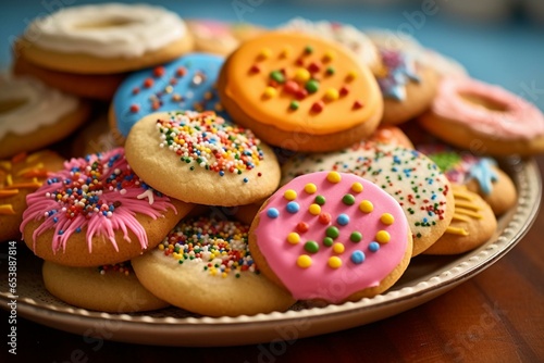 An assortment of cookies decorated with colorful frosting and sprinkles. Generative AI