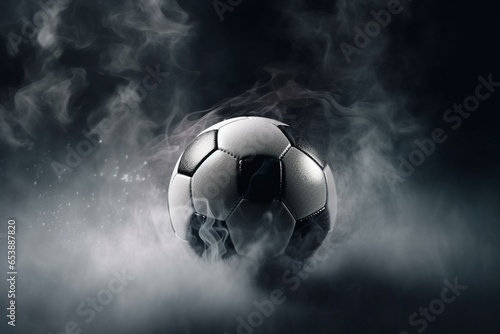 Soccer ball in net with black-white lighting, foggy smoke background. High resolution 3D illustration. Generative AI