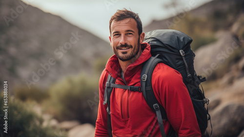 Man wearing backpack standing on autumn forest trail, hiking alone