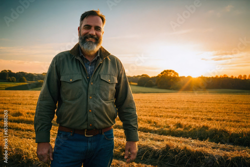Digital portrait of the confident senior bearded Farmer standing on a farm field at early morning. Concept of ecological environment