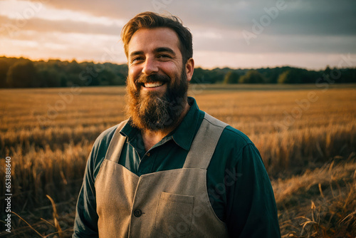Digital portrait of the confident senior bearded Farmer standing on a farm field at early morning. Concept of ecological environment