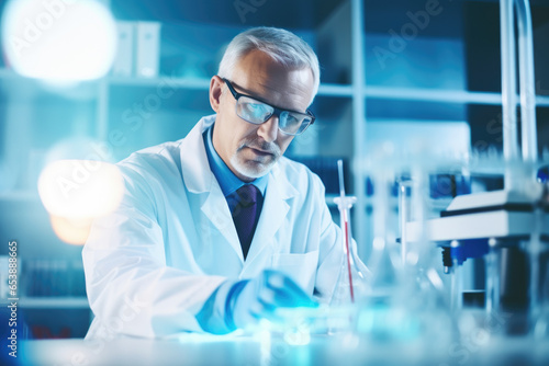 Medical research laboratory: Portrait of a scientist in glasses doing an analysis. Advanced scientific laboratory for the development of medicine, biotechnology and microbiology