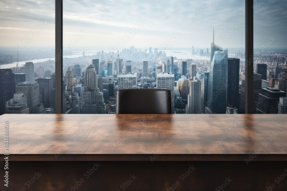 Empty office desk made of dark lacquered wood against a background of skyscrapers. Empty office desk made of dark lacquered wood against a background of skyscrapers.