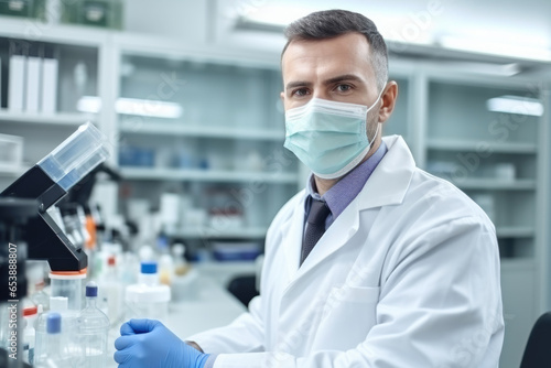 Doctor wearing mask and gloves. Medical research laboratory.