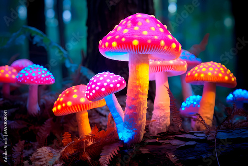 Fluorescent Mushrooms at Night in the Forest Close up Macro Photo