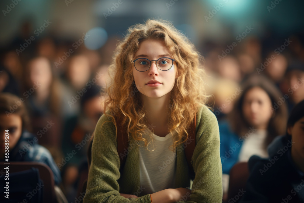 Attentive student wearing glasses at a lecture at the university. Attentive student wearing glasses at a lecture at the university.