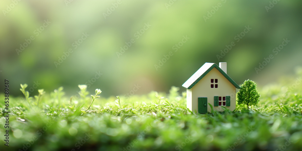 Simple model of a green house in green grass on a blurred background, copy space. ai generative Simple model of a green house in green grass on a blurred background, copy space. ai generative