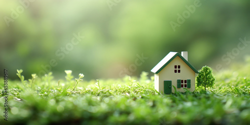 Simple model of a green house in green grass on a blurred background, copy space. ai generative