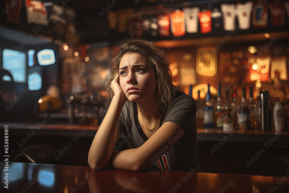 Sad and pensive beautiful woman sitting in a pub Sad and pensive beautiful woman sitting in a pub