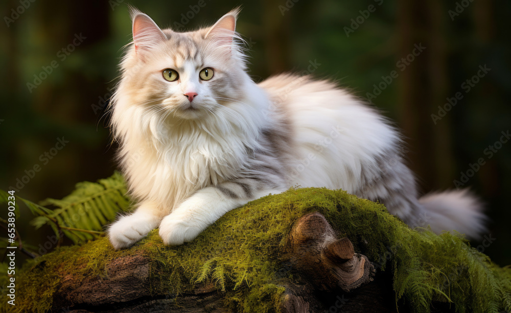 A white cat sitting gracefully on a moss-covered log in a forest