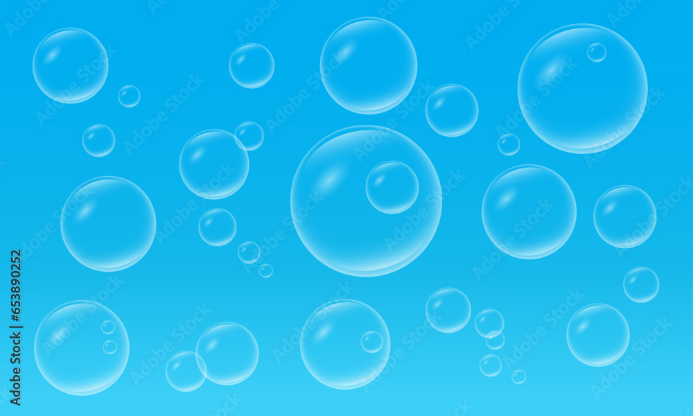 Bubbles background.Air bubble in water.Soap bubbles texture vector illustration.Crystal clear bubbles isolated on blue background.