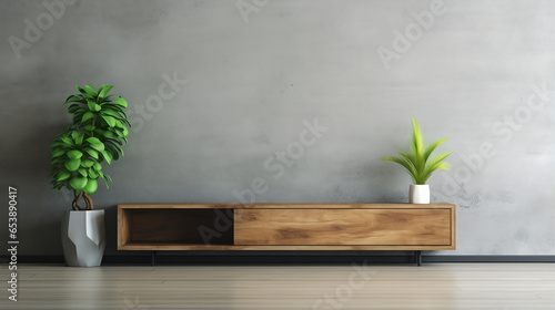 empty tv stand and green plants on the background of a concrete wall. ai generative