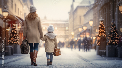 Christmas street, mother and daughter	
