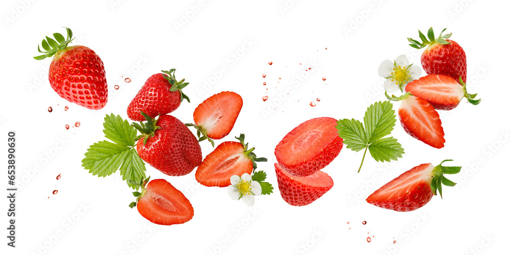 Fresh sweet strawberry berries with flower and leaves flying falling isolated on white background. Summer garden berry. - obrazy, fototapety, plakaty 