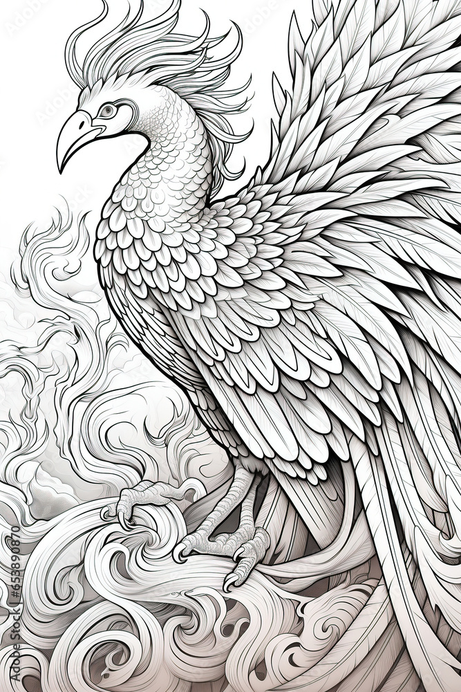 Vertical Full-View Phoenix: Majestic Wings Coloring Page