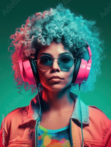 portrait of a woman with headphones, woman listening to music