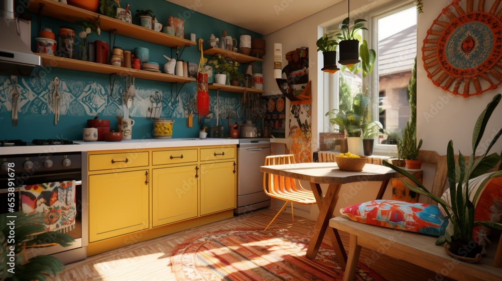 A mid-century boho kitchen with eclectic patterns and vibrant textiles