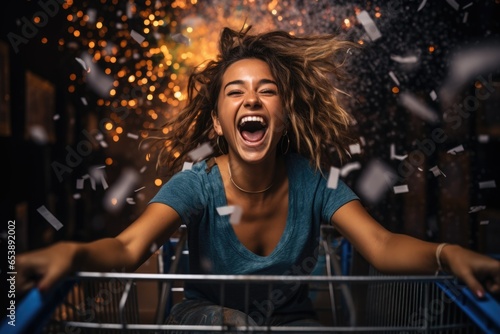 excited african american woman in shopping cart with falling confetti. Generative Ai