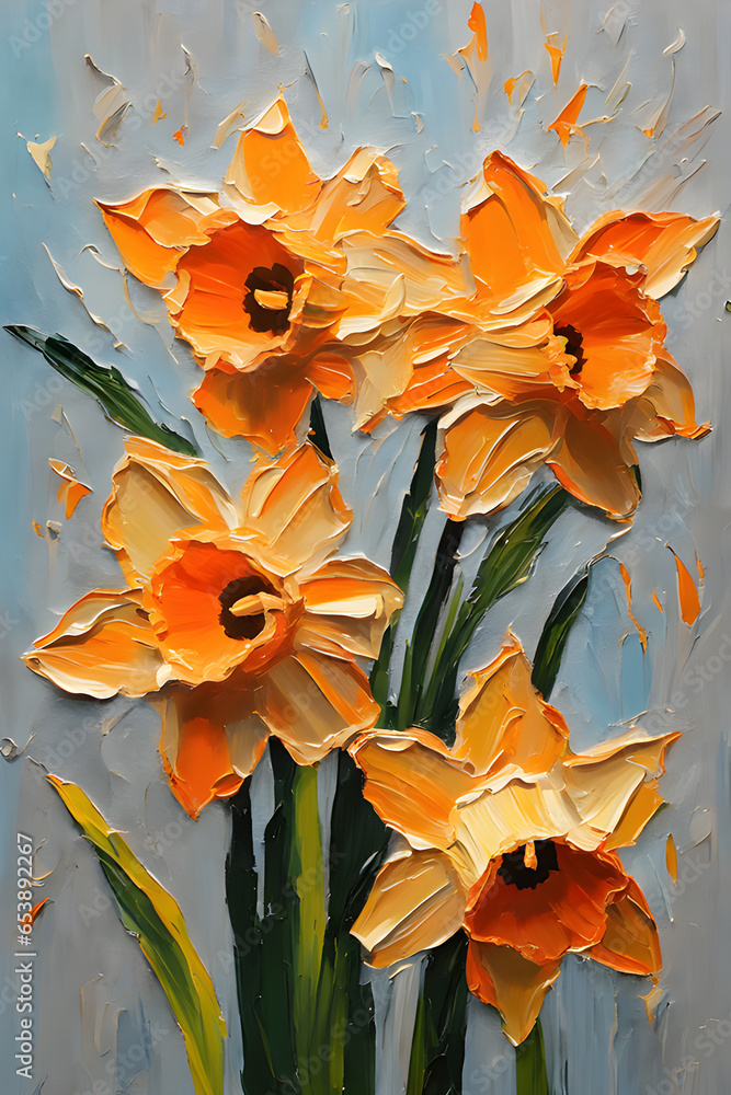 Daffodil flower painting. Palette knife