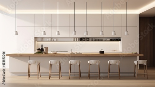 A minimalist kitchen with a floating breakfast bar and pendant lights