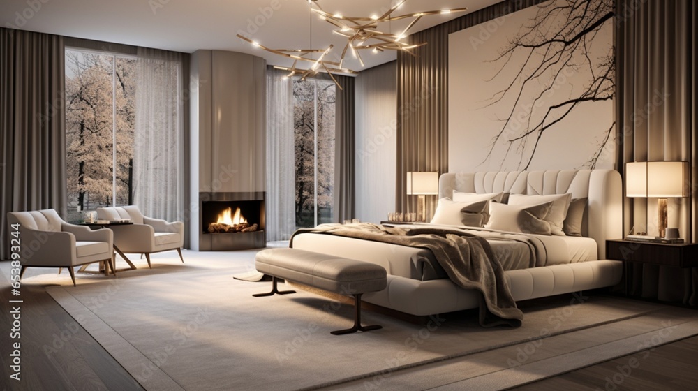 A bedroom with a statement chandelier and neutral color scheme