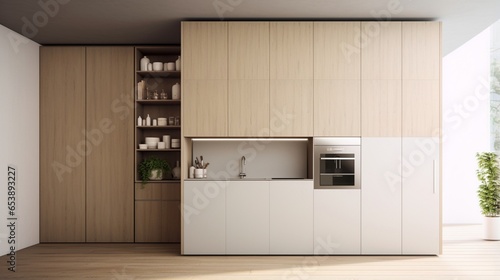 A minimalist kitchen with a hidden pantry and streamlined design