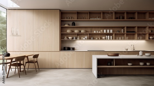 A minimalist kitchen with concealed storage and open shelving