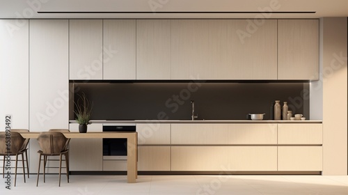 A minimalist kitchen with integrated appliances and hidden storage