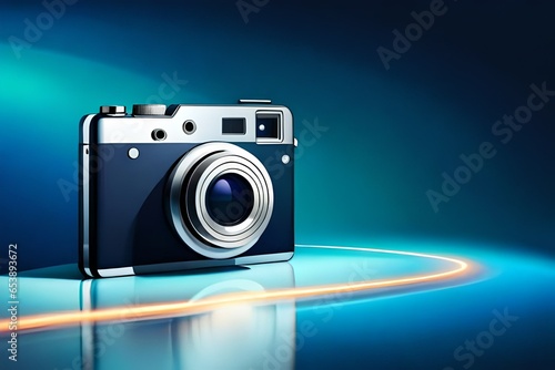 Stylish Digital camera on blue background.
