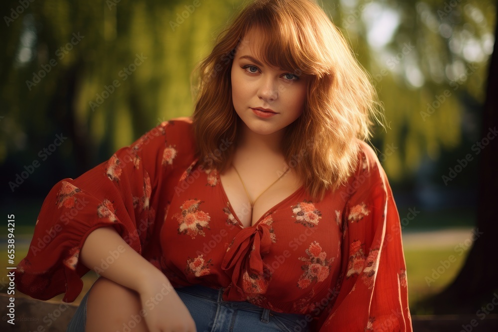 Portrait of a beautiful fat young woman in a red blouse. Generative AI. Portrait of a beautiful fat young woman in a red blouse. Generative AI.