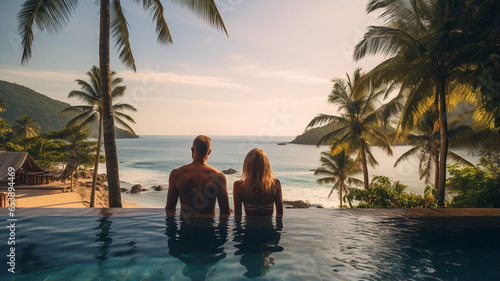 happy couple in love sitting at the swimming pool with a beautiful view of the sea