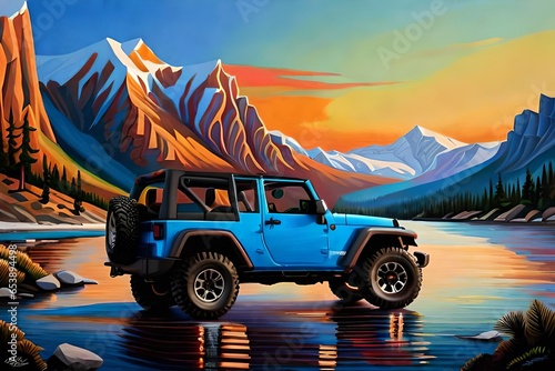 A Blue jeep in mountains.
