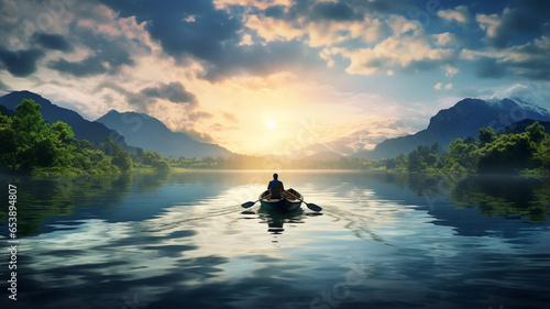 man in boat on the lake with sunrise