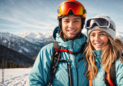 Portrait of a man and woman in ski clothes against a background of mountains