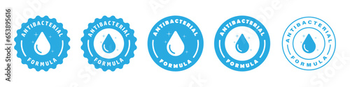 Antibacterial formula sticker, sign or label. Antibacterial soap or antiseptic gel. Cleaning hands. Hygiene products. Vector icon set