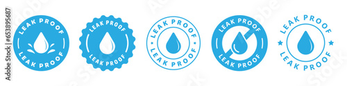Leak proof sticker, sign, label or badge. No leaks, or leak resistant. For liquid products. Vector icon set