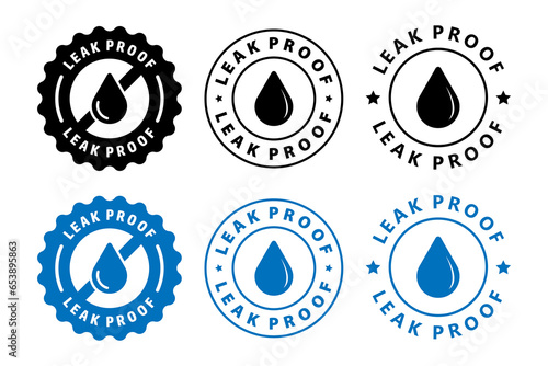 Leak proof sticker, sign, label or badge. Leak free. No leaks, or leak resistant. For liquid products. Vector icon set