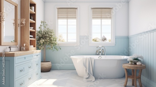 a coastal-themed bathroom with beachy decor and serene blue tones, capturing the essence of seaside living © Muhammad