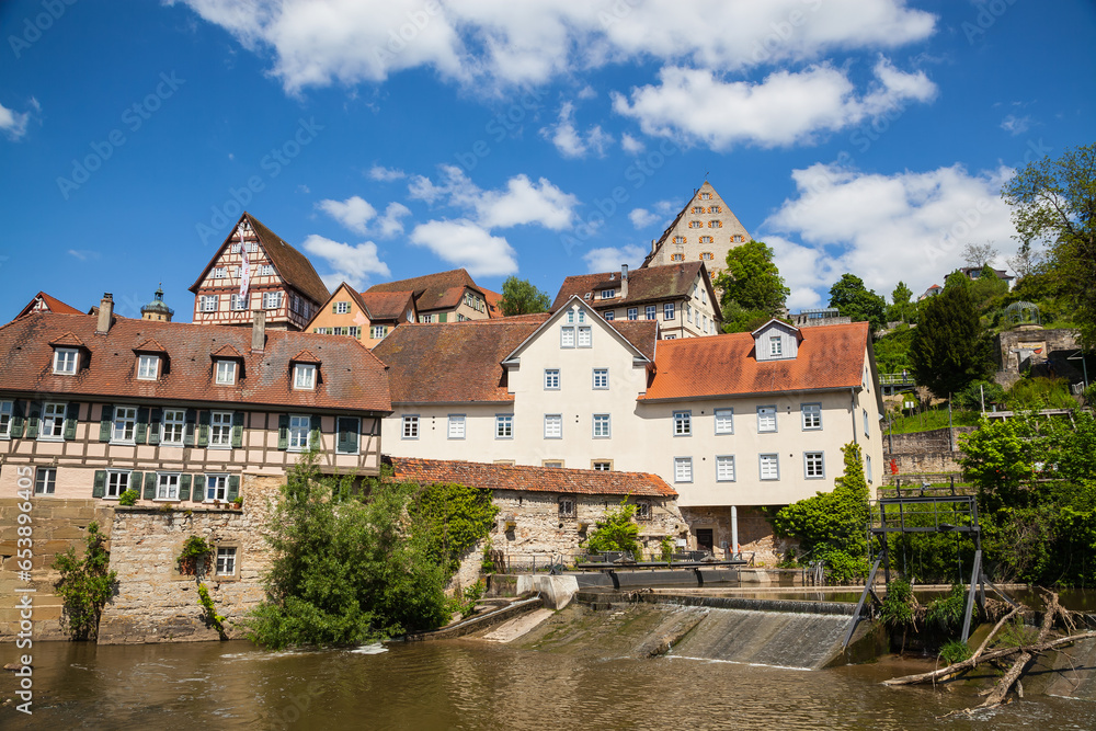 Fototapeta premium Schwaebisch Hall is one of the most beautiful medieval towns in Germany. It is situated at the Kocher river in the federal state of Baden-Wuerttemberg.