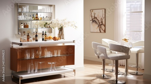 a contemporary bar area featuring a sleek, well-stocked bar cart and chic barstools, perfect for entertaining guests © Muhammad
