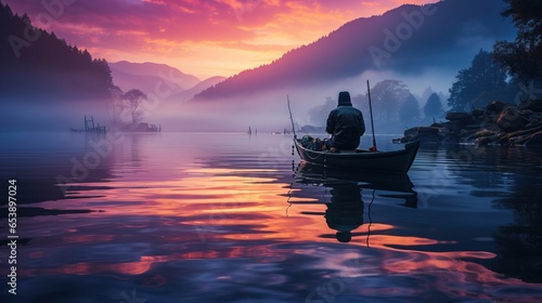 Experienced fisherman casts his fishing rod into calm waters early in the morning.