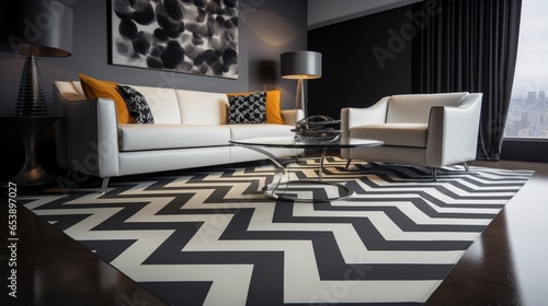 a contemporary chevron-patterned carpet, demonstrating its sleek lines and trendy design that elevates modern interiors